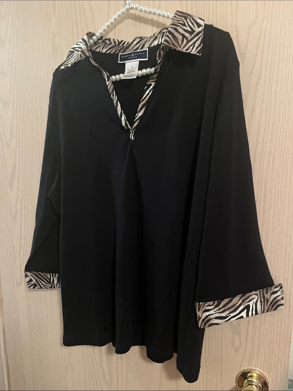 Karen Scott Black V-Neck Top with Zebra-Print Trim